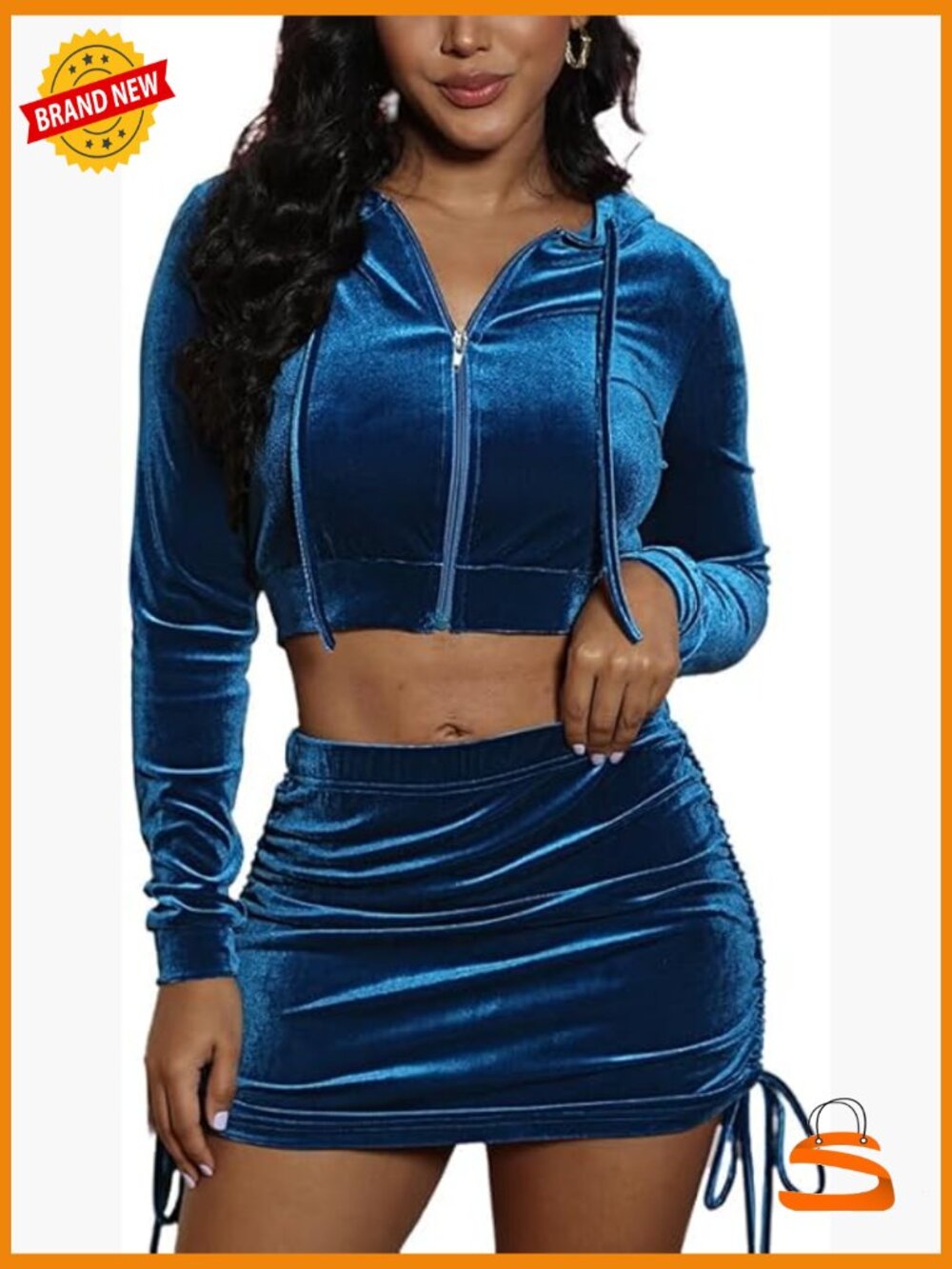 Women 2 Piece Velor Tracksuit Hoodie Mini Skirt Set Y2K